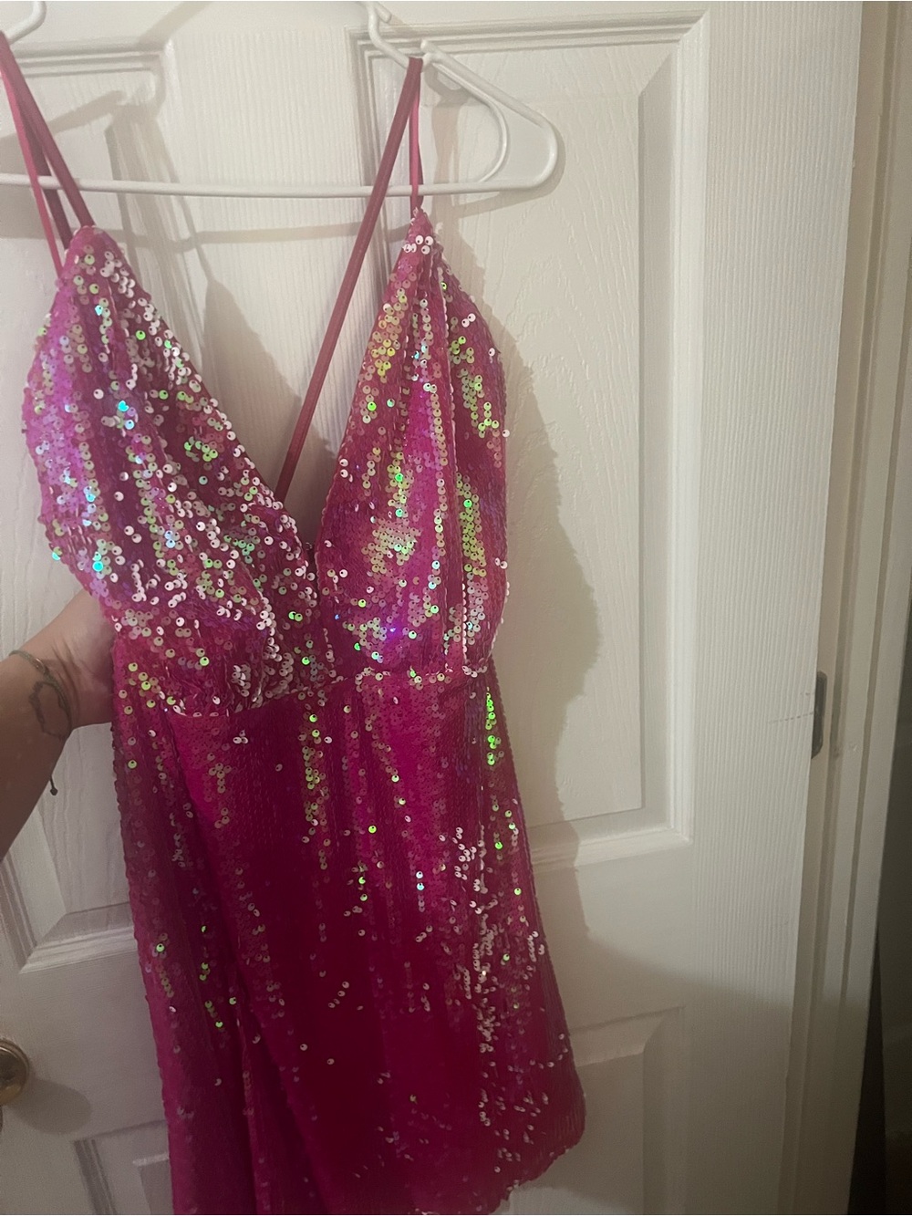 Sequin Spaghetti-Strap Mini Dress in Fuchsia